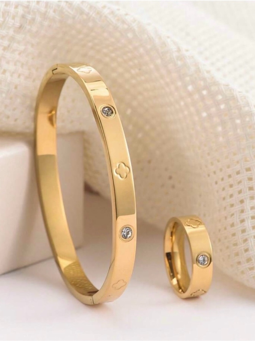 Gold-tone Crystal Accent Bangle and Ring Set